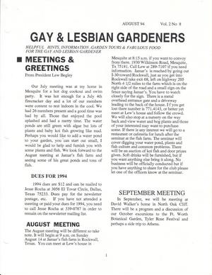 Primary view of object titled 'Gay and Lesbian Gardeners, Volume 2, Number 8, August 1994'.