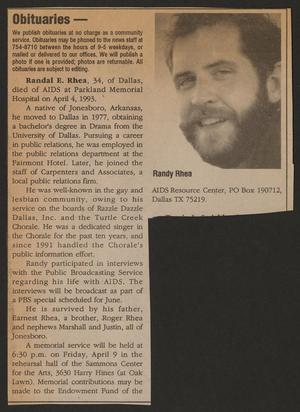 Primary view of object titled '[Clipping: Obituary for Randal E. Rhea]'.