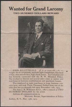 Primary view of object titled '[Wanted Poster: John Nightingale, Buffalo, New York, November 15, 1915]'.