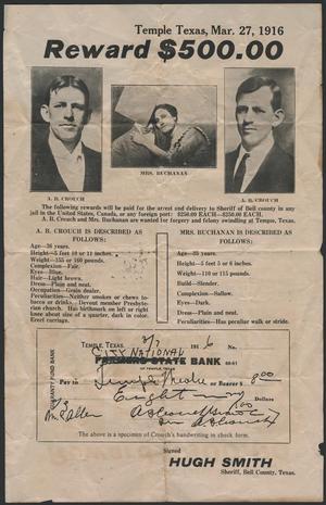 Primary view of object titled '[Wanted Poster: A. B. Crouch and Mrs. Buchanan, Temple, Texas March 27, 1916]'.