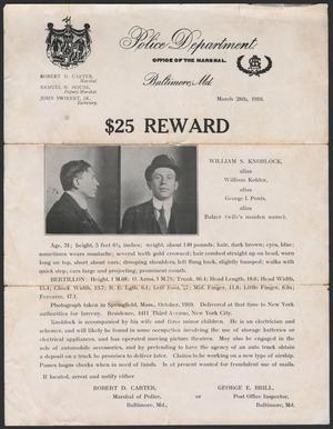 Primary view of object titled '[Wanted Poster: William S. Knoblock, Baltimore, Maryland, March 28, 1916]'.