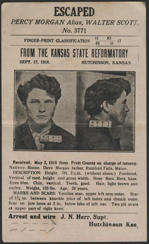 Primary view of object titled '[Wanted Poster: Percy Morgan, Hutchinson, Kansas, September 17, 1918]'.