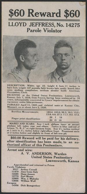 Primary view of object titled '[Wanted Poster: Lloyd Jeffress, Leavenworth, Kansas, June 2, 1920]'.
