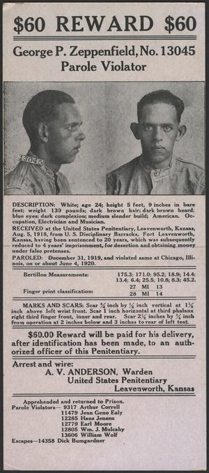 Primary view of object titled '[Wanted Poster: George P. Zeppenfield, Leavenworth, Kansas, June 4, 1920]'.