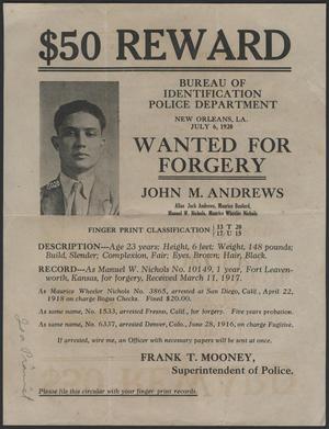 Primary view of object titled '[Wanted Poster: John M. Andrews, New Orleans, Louisiana, July 6, 1920]'.