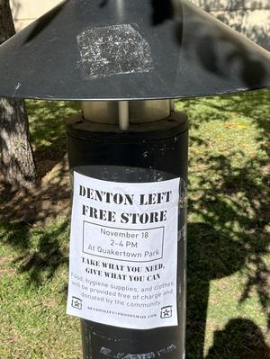 Primary view of object titled '[Poster Created by the Denton Left Organization Advertising the Denton Free Store]'.