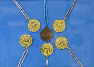 5 gold Gay Games medals are put in a circle around a bronze Gay Games medal. They are all attached to strings on a blue surface.