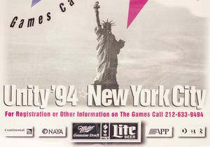 Grey banner with the statue of liberty in the center, the words Unity '94 New York City are in bold white letters in the middle. Pink letters are underneath.