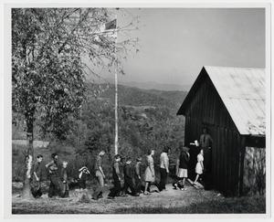 Primary view of object titled '[Students entering Locust Grove School, 1]'.