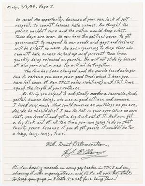 Página con líneas que contiene una carta escrita a mano. En la parte superior izquierda de la página, aparece escrito "Kirby" y la fecha. En la parte inferior de la página, hay una firma y una nota posdata debajo.
