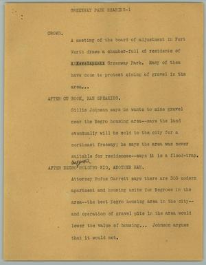 Primary view of object titled '[News Script: Greenway Park hearing]'.