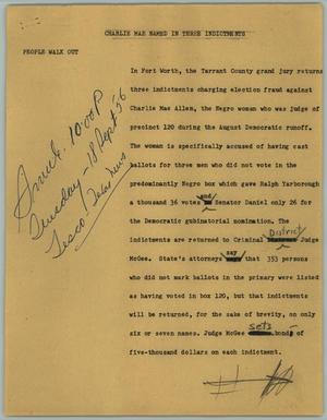 Primary view of object titled '[News Script: Charlie Mae named in three indictments]'.