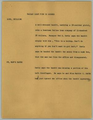 Primary view of object titled '[News Script: Dallas Loan Firm is Robbed]'.