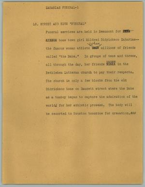 Primary view of object titled '[News Script: Zaharias Funeral]'.