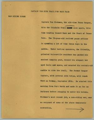 Primary view of object titled '[News Script: Captain Tom Hits Trail for Waco Fair]'.