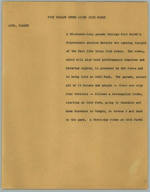 Primary view of object titled '[News Script: Poly Parade Opens Lions Club Rodeo]'.