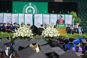 Primary view of object titled '[Warren Burggren speaking at UNT Fall Commencement]'.