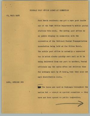 Primary view of object titled '[News Script: Highway post office shown at convention]'.