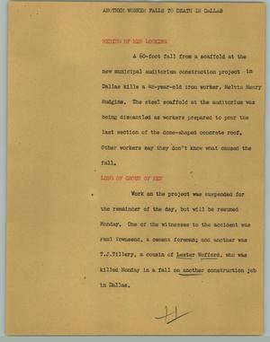 Primary view of object titled '[News Script: Another worker falls to death in Dallas]'.