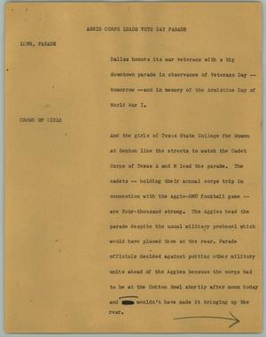 Primary view of object titled '[News Script: Aggie Corps Leads Vets Day Parade]'.