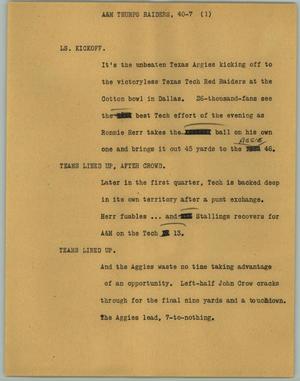 Primary view of object titled '[News Script: A&M thumps Raiders, 40-7]'.