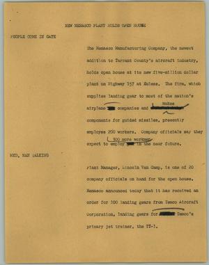 Primary view of object titled '[News Script: New Menasco plant holds open house]'.