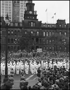 Primary view of object titled '[Parade of soldiers standing in front of City Hall]'.