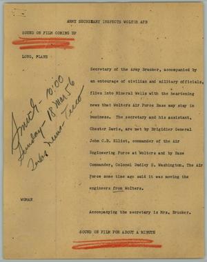 Primary view of object titled '[News Script: Army secretary inspects Wolter AFB]'.