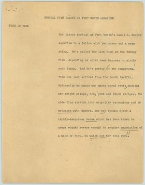 Primary view of object titled '[News Script: Unusual fish placed in Fort Worth aquarium]'.