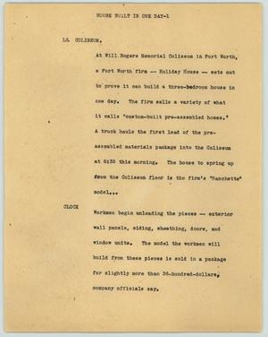 Primary view of object titled '[News Script: House built in one day]'.