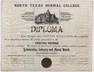 Paper diploma, wrinkled up and worn around the edges. The bottom of the paper has the circular seal on it. The top of it says the college name, with a small drawing of campus.