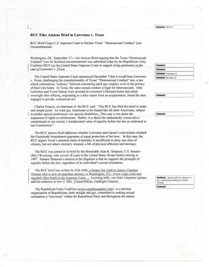 Primary view of object titled '["RUC Files Amicus Brief in Lawrence v. Texas" article, September 17, 2002]'.