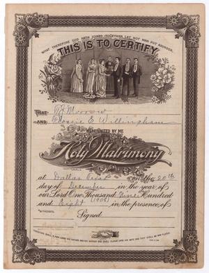 A white and brown certificate, an illustration of a wedding at the top, the words Holy Matrimony in the middle of it. Under the first illustration are two blank lines with handwriting, and other blank lines under it.
