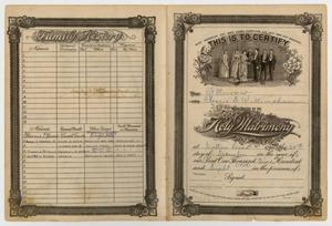 Two different certificates, the one on the left is titled Family History with four different columns of lines. The one on the right is the front of the marriage certificate with the illustration of a wedding on it.