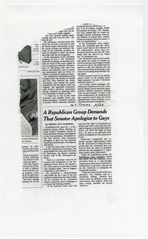 Primary view of object titled '["A Republican Group Demands That Senator Apologize to Gays" article, April 24, 2003]'.
