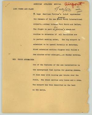 Primary view of object titled '[News Script: American Airlines Special]'.