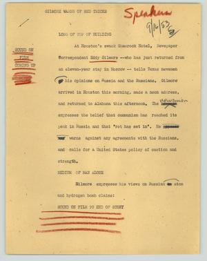 Primary view of object titled '[News Script: Gilmore warns of red tricks]'.