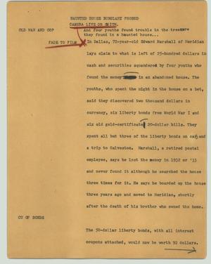 Primary view of object titled '[News Script: Haunted house burglary probed]'.