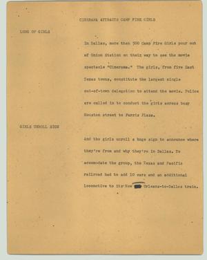 Primary view of object titled '[News Script: Cinerama attracts Camp Fire Girls]'.