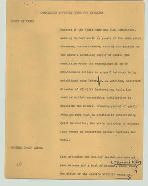 Primary view of object titled '[News Script: Commission approves funds for hatchery]'.