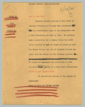Primary view of object titled '[News Script: Shivers defends land transaction]'.