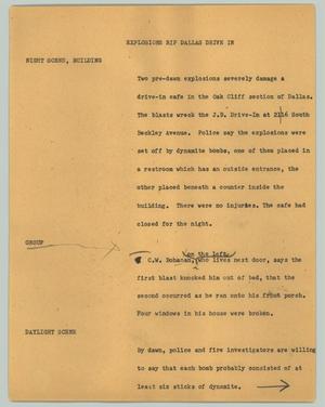 Primary view of object titled '[News Script: Explosions rip Dallas drive in]'.