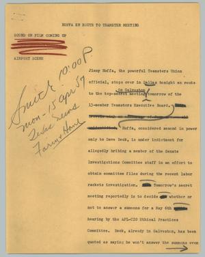 Primary view of object titled '[News Script: Hoffa en route to Teamster meeting]'.