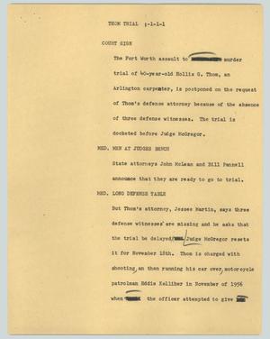 Primary view of object titled '[News Script: Thom trial]'.