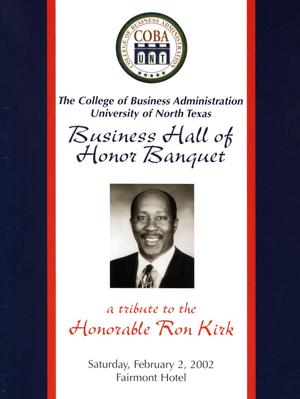 Primary view of object titled 'Business Hall of Honor Banquet: a tribute to the Honorable Ron Kirk'.