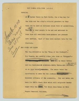Primary view of object titled '[News Script: Roy Rogers hits town]'.