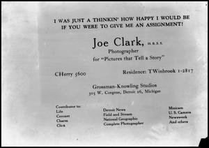 Primary view of object titled '[Advertisement for Joe Clark's photography]'.