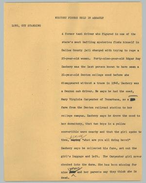 Primary view of object titled '[News Script: Mystery figure held in assault]'.