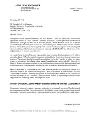 [Letter from the State Auditor to the Texas Southern University Regents - November 15, 1996]