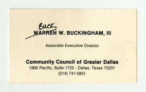 Primary view of object titled '[Business Card, Pamphlet, and Handwritten Notes: Buck Buckingham]'.